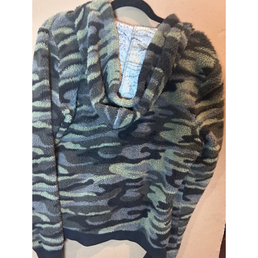 Derek Heart Camo Sherpa Hoodie Womens Large Green Grey Excellent Quarter Zip - Picture 6 of 6